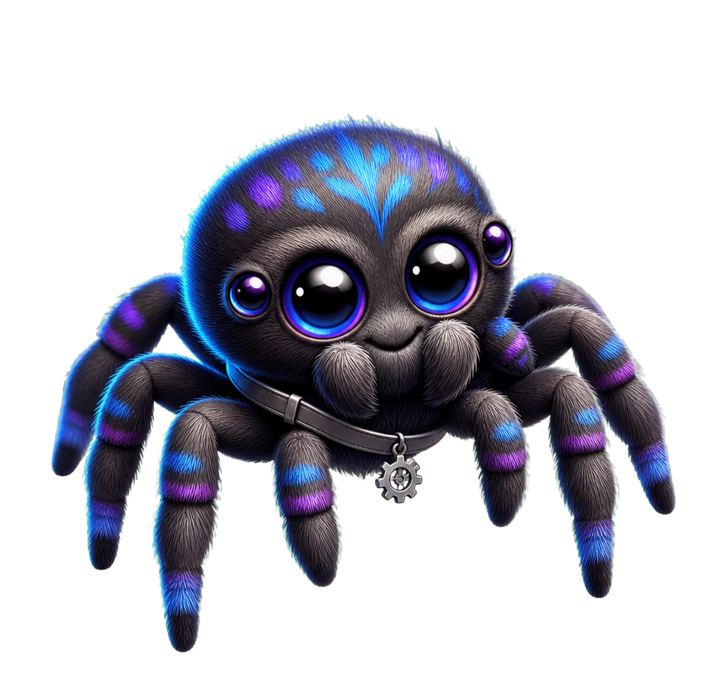 Oakley Luna — Max Marin Works mascot Oakley Luna, a friendly blue-and-violet chibi jumping spider mascot wearing a tiny gear charm.