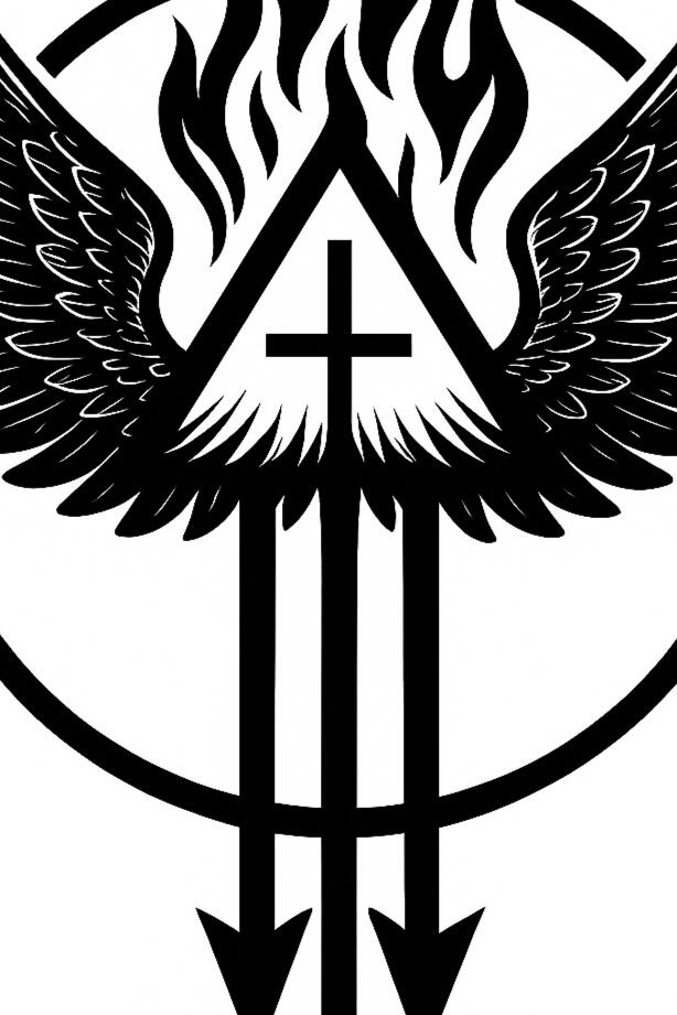 Winged sacred emblem with flames, a circle, and three downward arrows.