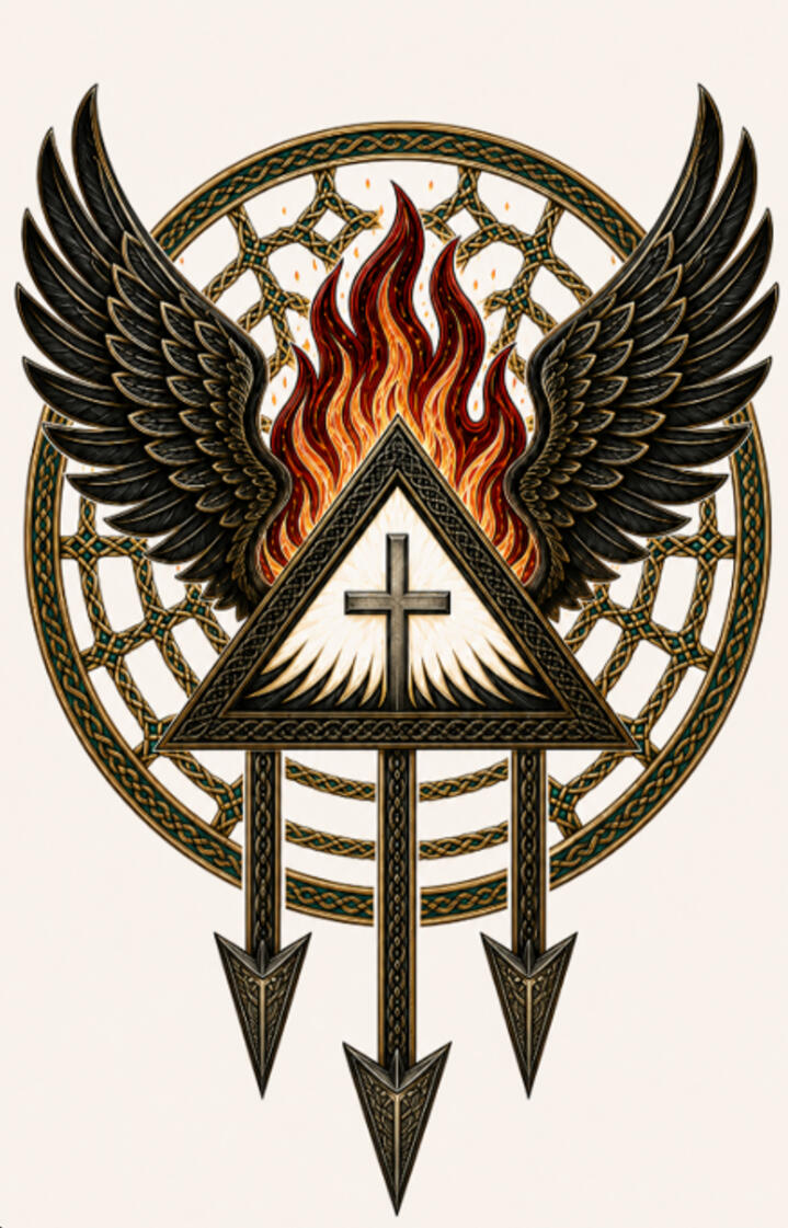Winged sacred emblem with flames, a circle, and three downward arrows.
